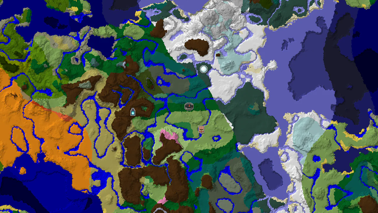 A top-down 2D biome map centered on spawn, showing a vibrant mix of forest, taiga, plains, and snowy biomes, with markers for a village, ancient city, and igloo.
