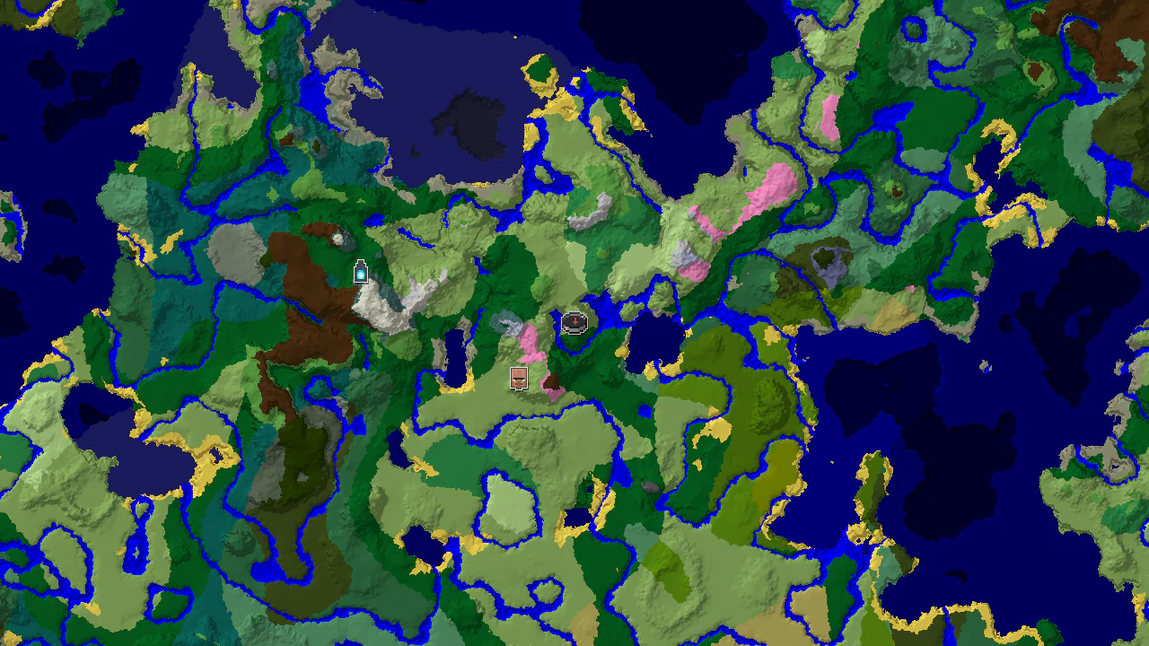 Top-down 2D biome map centred on spawn, with a spawn marker and markers for the village, ancient city and stronghold.