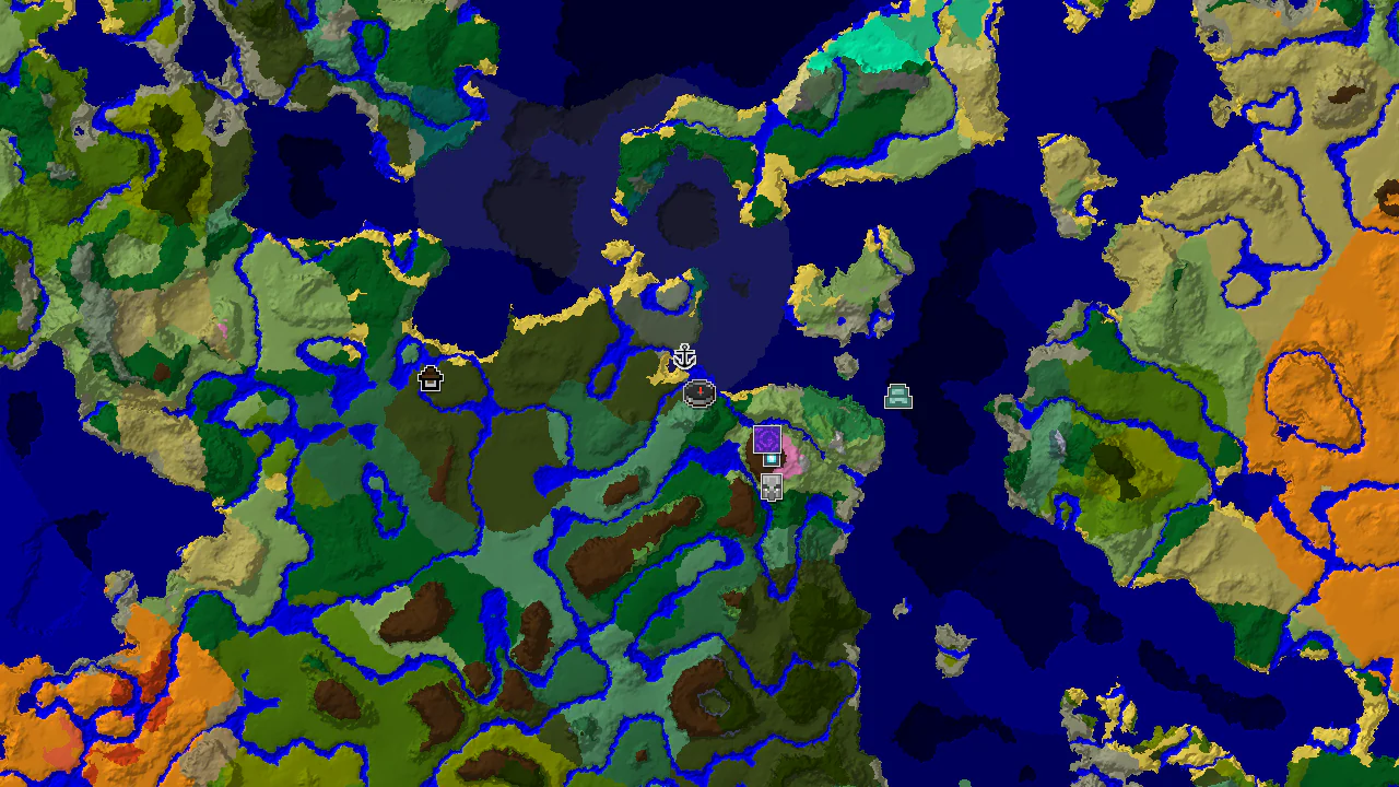 Top-down 2D biome map centred on a taiga spawn marker, with markers for a shipwreck, ruined portal, Ancient City, pillager outpost, ocean monument and a distant Woodland Mansion to the west.
