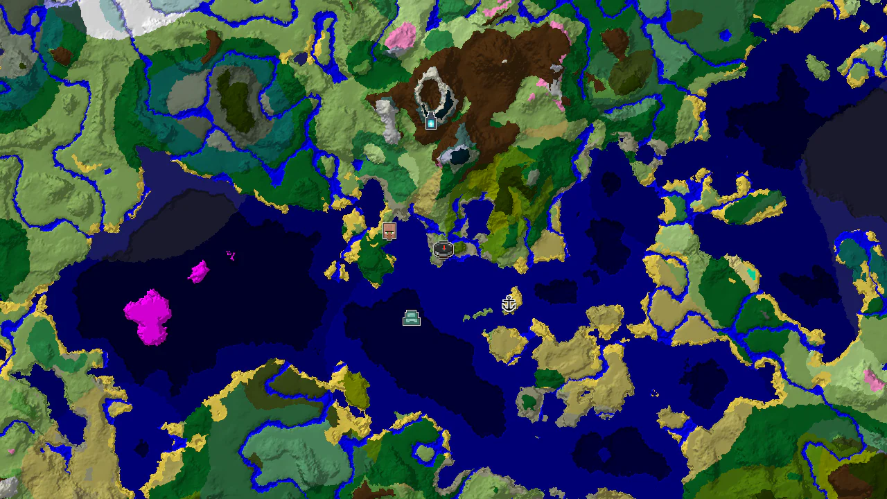 A 2D biome map centered on spawn, showing a small Plains island surrounded by Lukewarm Ocean, with markers for a village, shipwreck, and Ocean Monument.