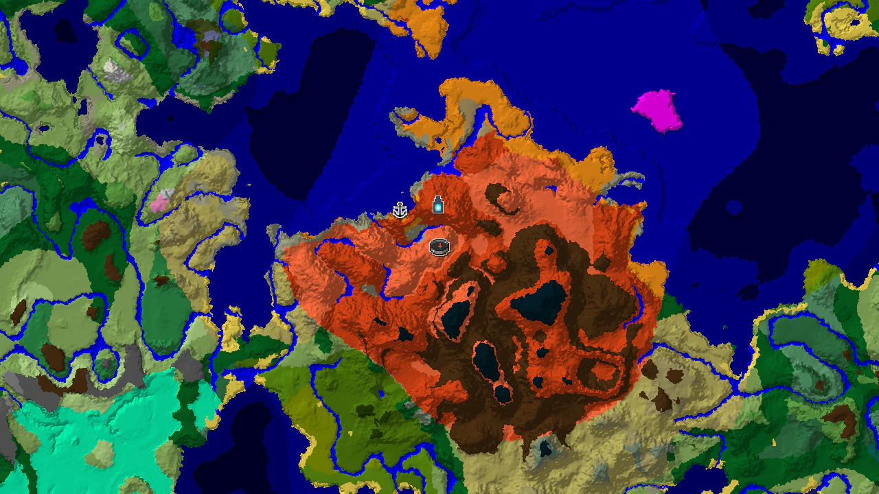 A 2D biome map centered on the spawn point, showing a large eroded badlands and badlands area. Markers indicate a shipwreck to the northwest and an ancient city directly north.