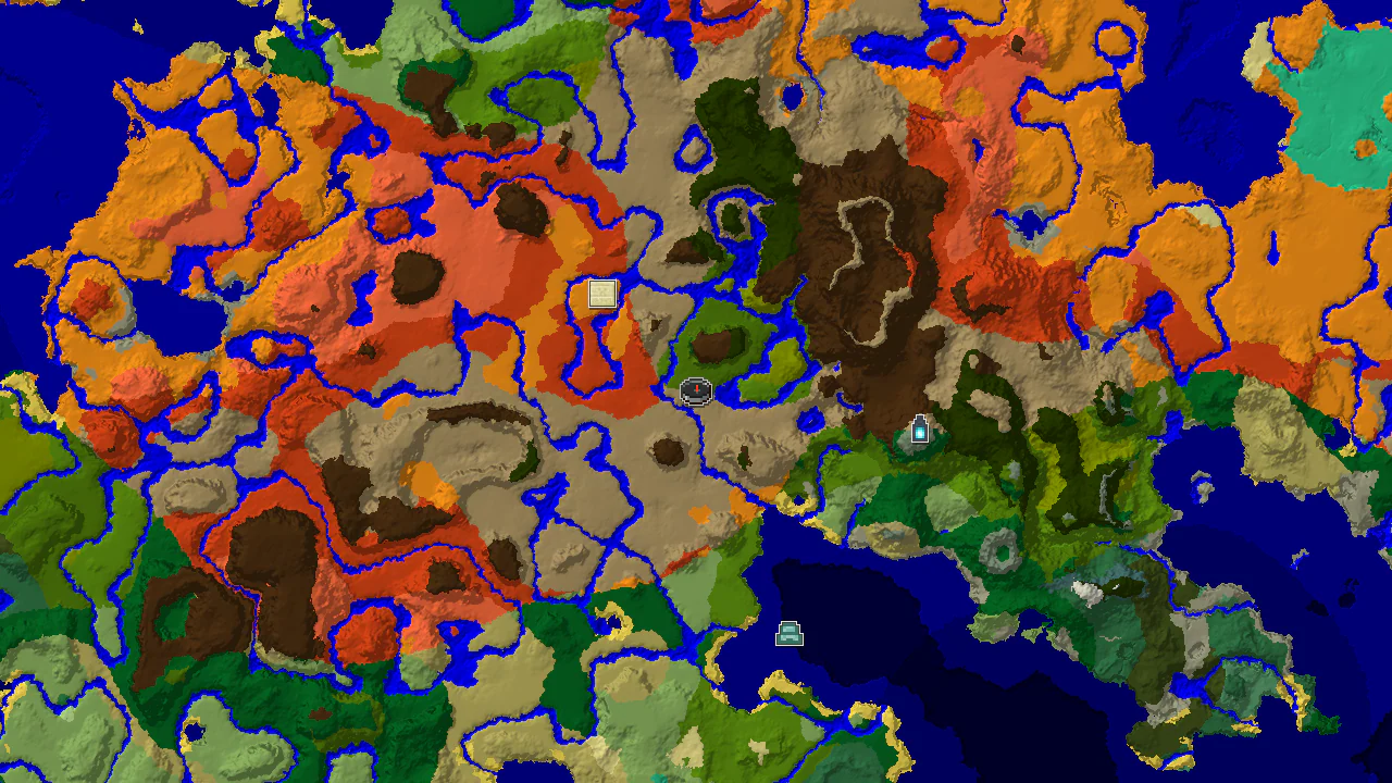 Top-down 2D biome map centred on a jungle spawn marker in a low valley, with markers for the Ancient City, Desert Pyramid, Ocean Monument and Stronghold.