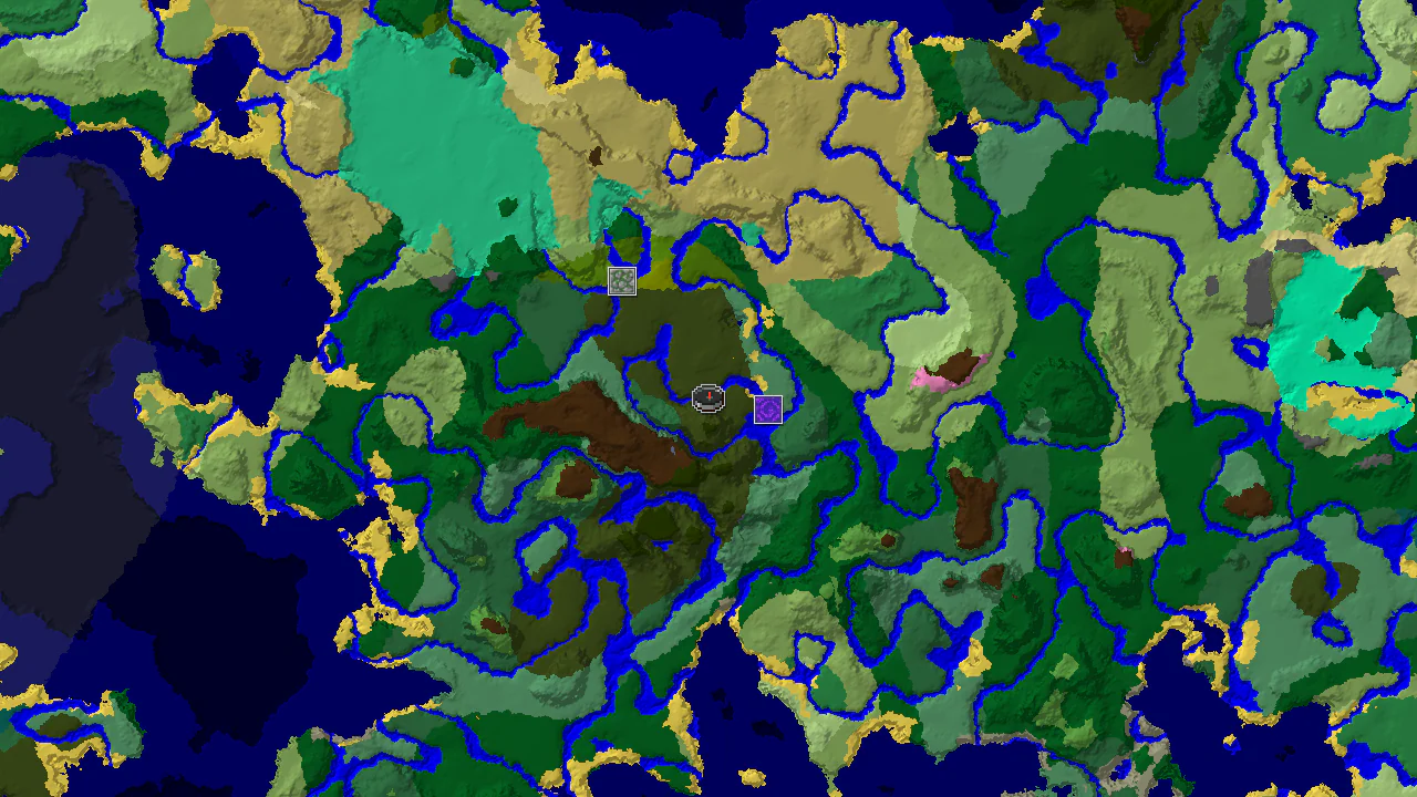 A top-down 2D biome map centered on the spawn point, showing a Dark Forest, a River, and a Pale Garden, with markers for a Ruined Portal and a Jungle Temple.