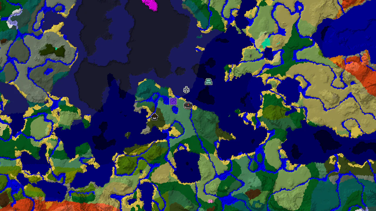 A 2D biome map centered on spawn, showing a mix of forests and oceans, with markers for a Woodland Mansion, Ruined Portal, Shipwreck, and Ocean Monument.