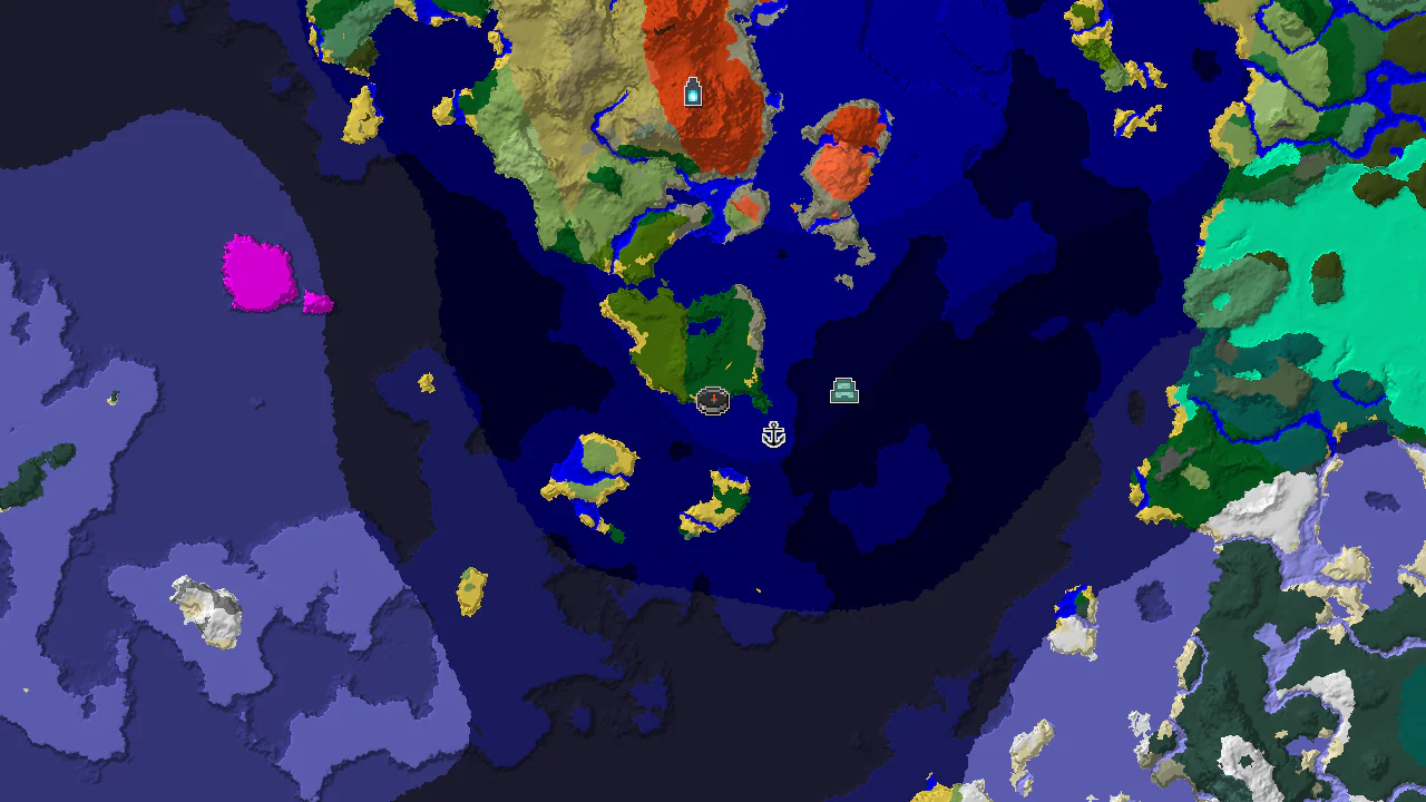A 2D biome map centered on spawn, showing an island with beach, forest, and jungle, surrounded by ocean biomes. Markers indicate a shipwreck and an ocean monument nearby.