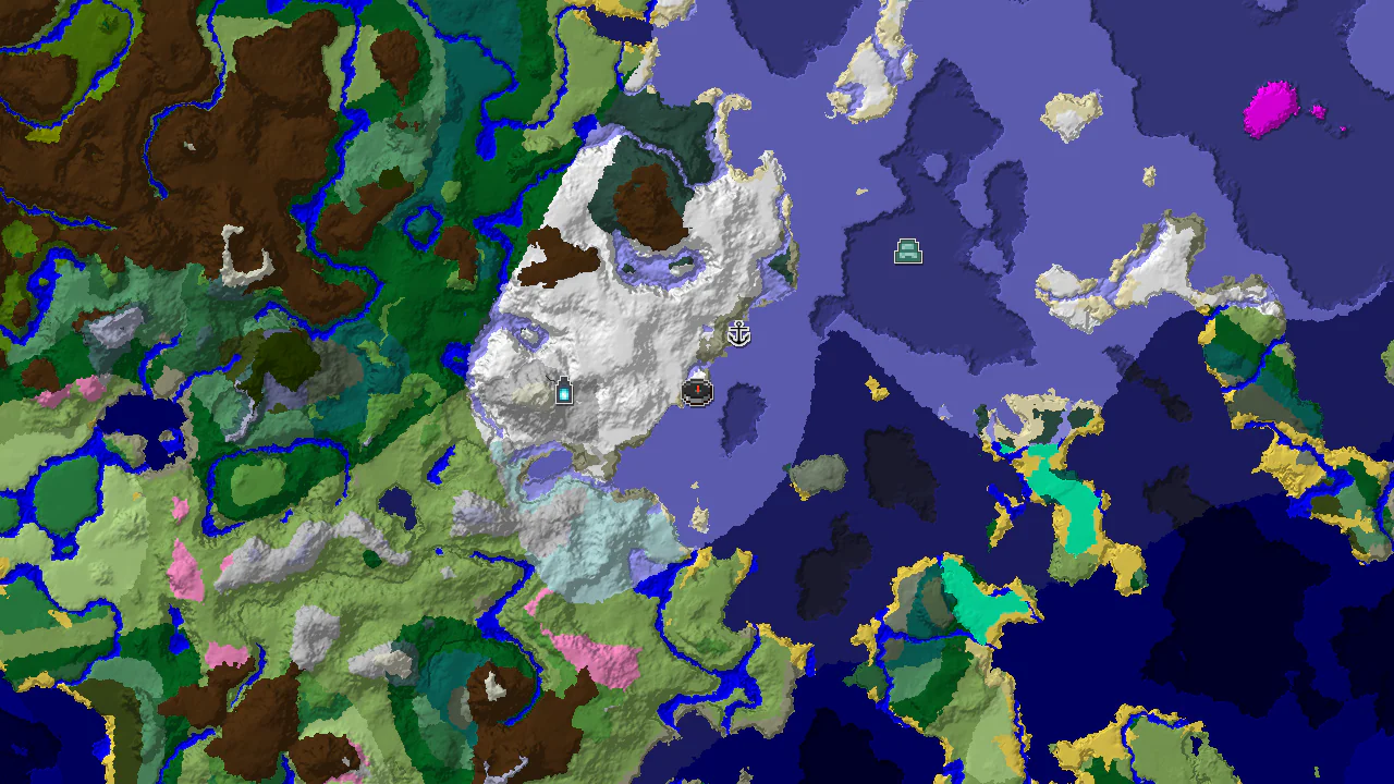 A 2D biome map centered on spawn, showing vast snowy plains and frozen oceans, with markers for an Ocean Monument, Ancient City, and shipwreck.