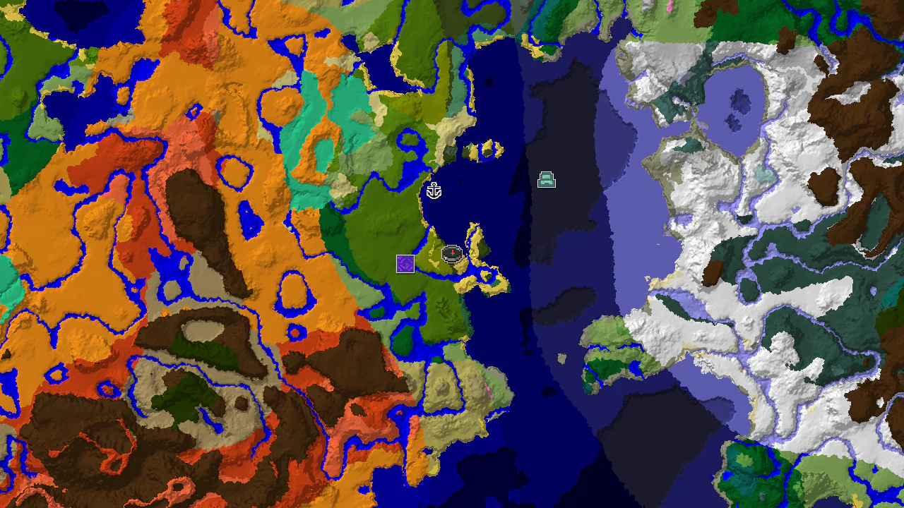 Top-down 2D biome map centred on the spawn marker in a dark forest, with structure markers for a ruined portal, shipwreck, ocean monument and stronghold scattered around it.