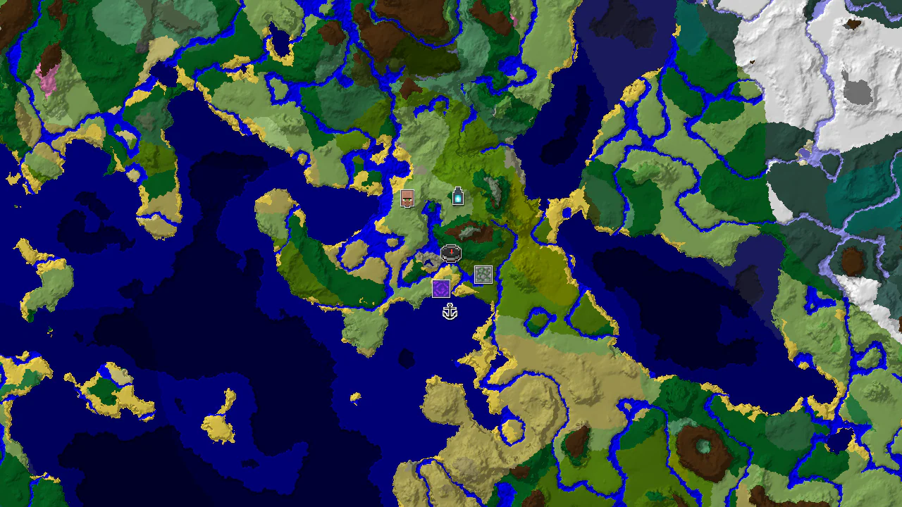 Top-down 2D biome map centred on a forest spawn marker, with structure markers for a village, ruined portal, shipwreck, ancient city and jungle temple.