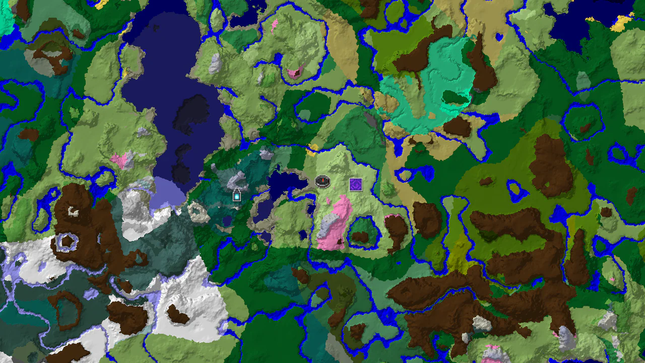 A 2D biome map centered on spawn, showing a diverse landscape including plains, forests, and a Cherry Grove, with markers for a Ruined Portal and an Ancient City.