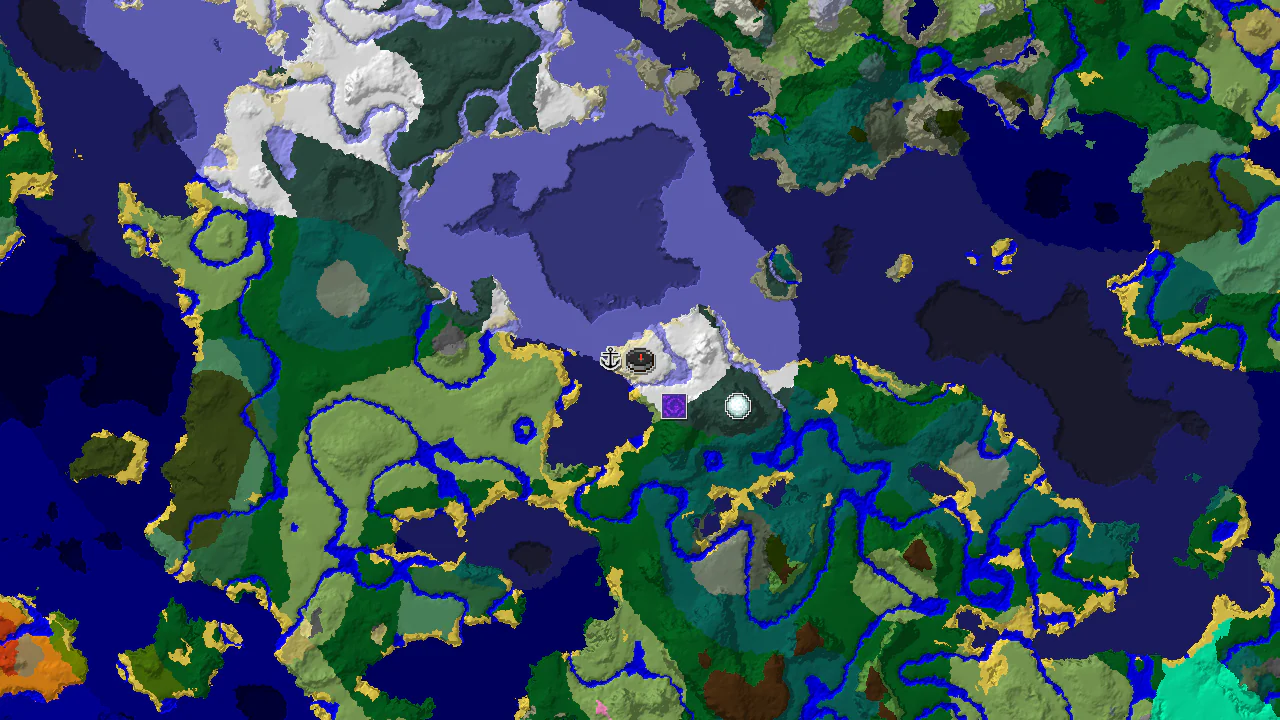 A 2D biome map centered on spawn, showing a snowy island surrounded by frozen oceans, with markers for a shipwreck, ruined portal, and igloo.