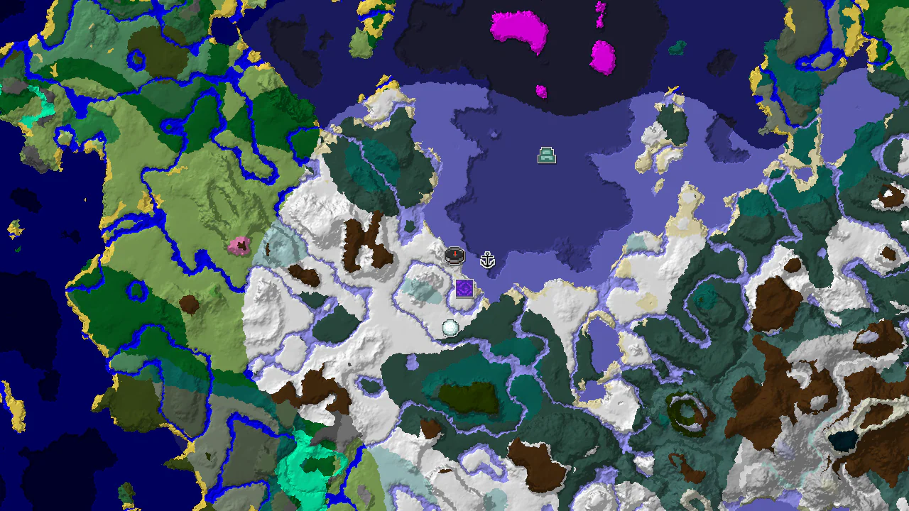 A top-down 2D biome map centered on spawn, showing a large Snowy Plains biome, a significant Frozen Ocean, and a scattering of smaller snowy biomes with markers for a Ruined Portal, Shipwreck, and Igloo.