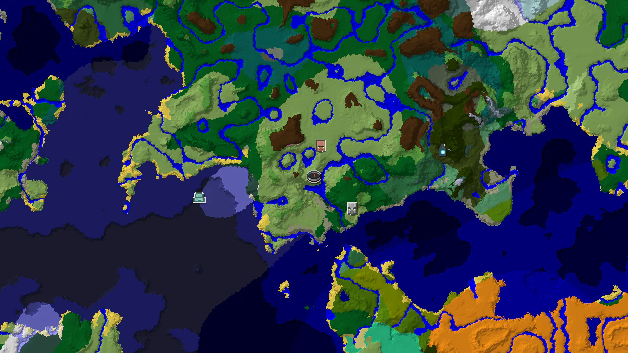 A 2D biome map centered on spawn, showing plains, forests, and rivers, with markers for a village, pillager outpost, and ocean monument.