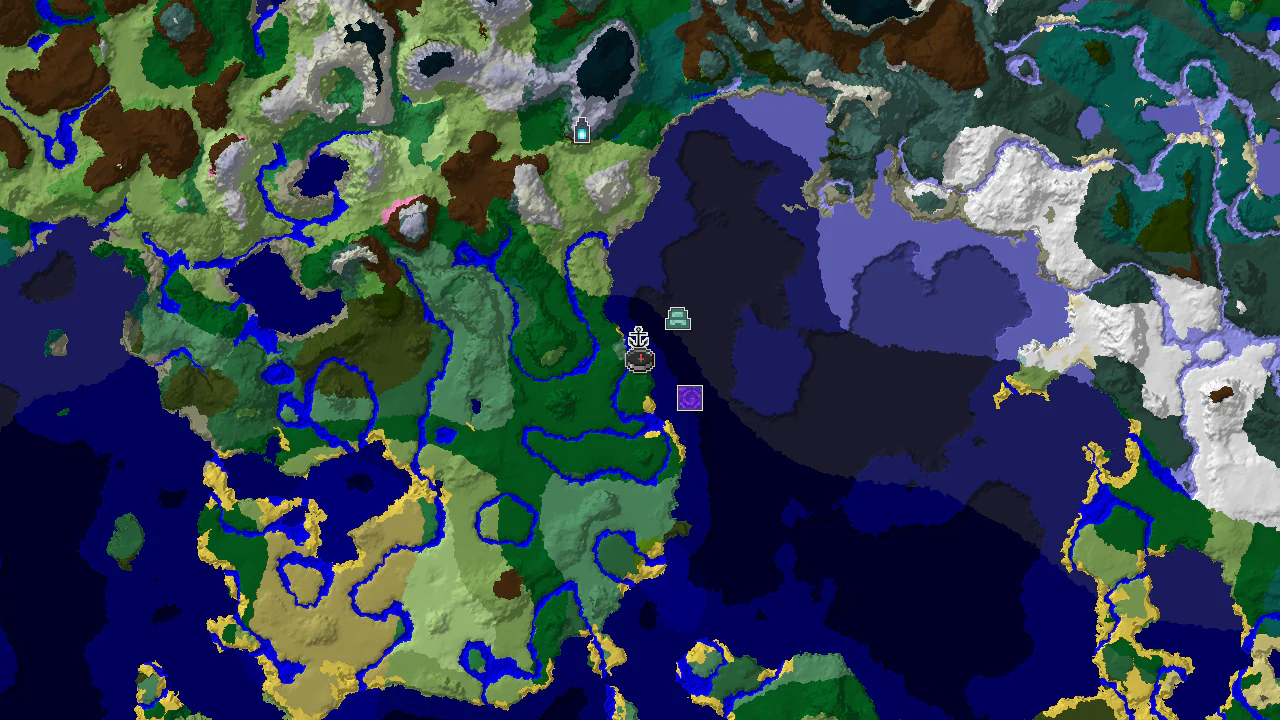 A top-down 2D biome map centered on spawn, showing a Forest island with surrounding ocean and markers for structures.