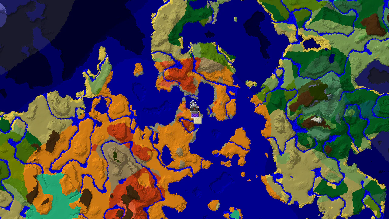 Top-down 2D biome map centred on spawn in Eroded Badlands, with a spawn marker and markers for a ruined portal, shipwreck, desert pyramid and villages.