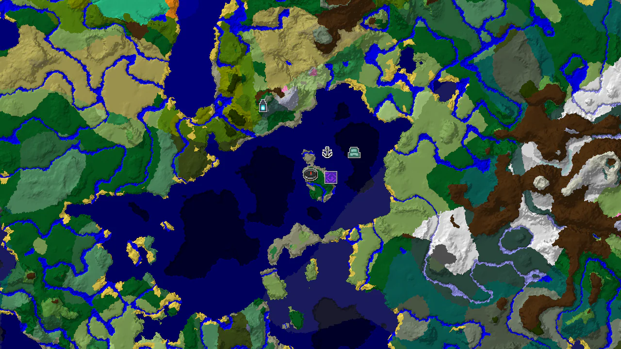 A top-down 2D biome map centered on spawn, showing a forest island surrounded by ocean, with markers for a ruined portal, shipwreck, ocean monument, and ancient city.