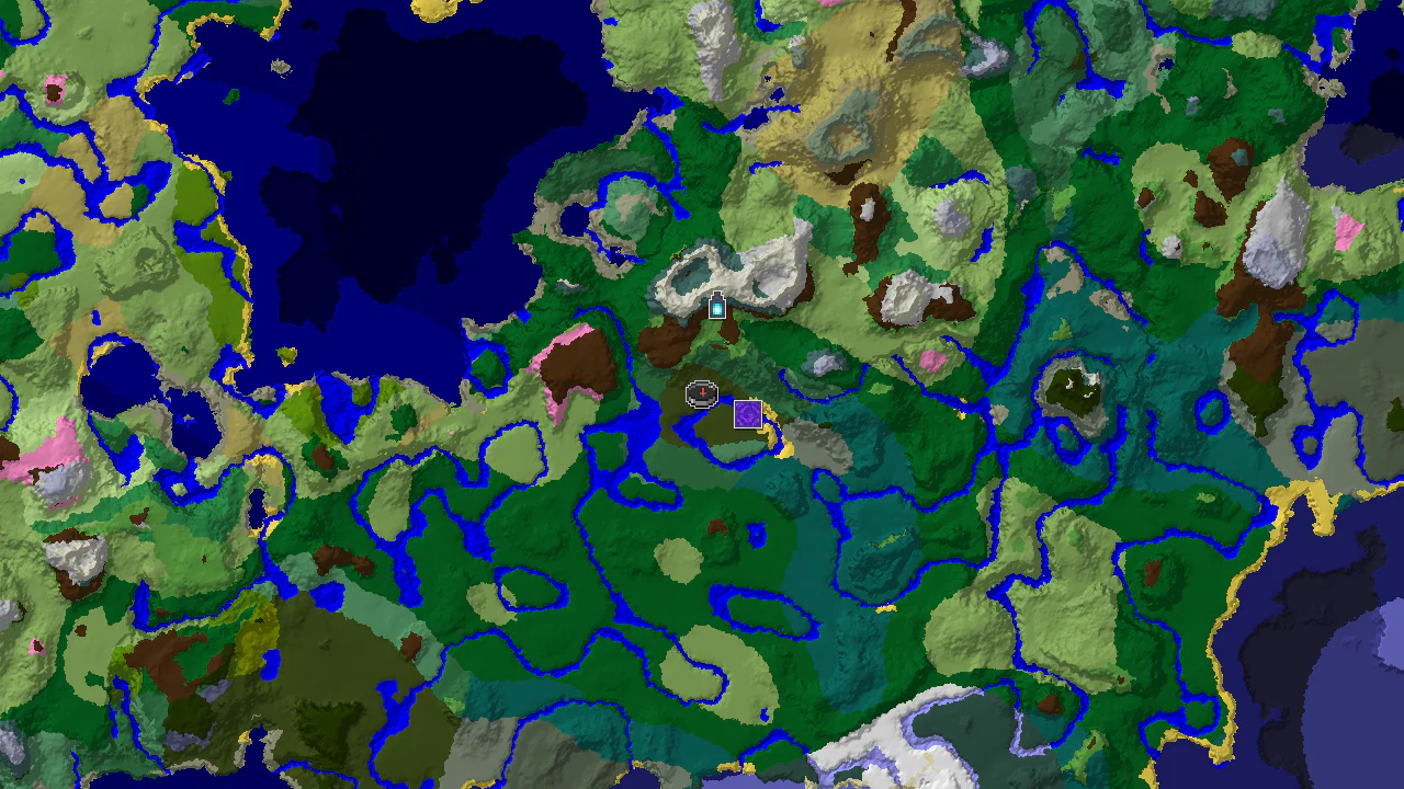 Top-down 2D biome map centred on the spawn marker in a Dark Forest valley, with markers for the Ruined Portal, Ancient City and Stronghold.