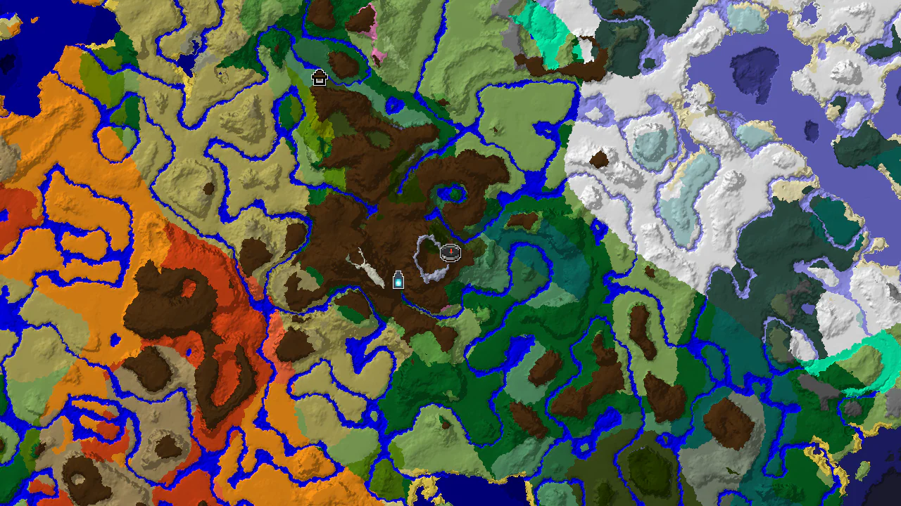 Top-down 2D biome map centred on spawn in a Pale Garden, with markers for the nearby Ancient City, three villages and the distant Woodland Mansion.