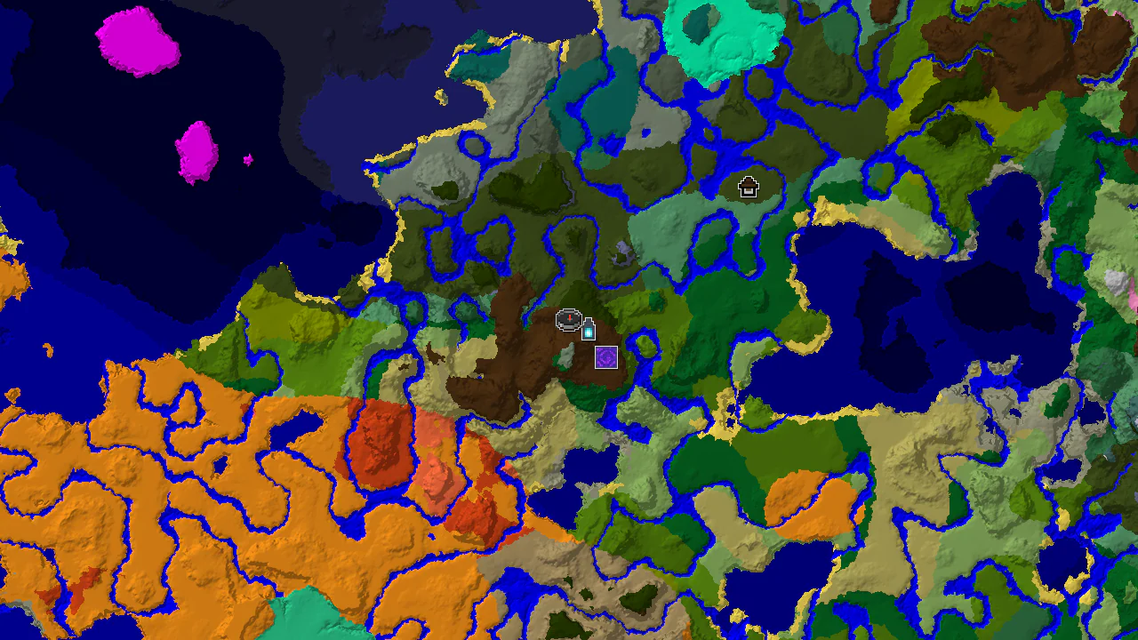 Top-down 2D biome map centred on the spawn marker in a Dark Forest, with markers for the nearby Ancient City, Ruined Portal, Woodland Mansion and Stronghold.