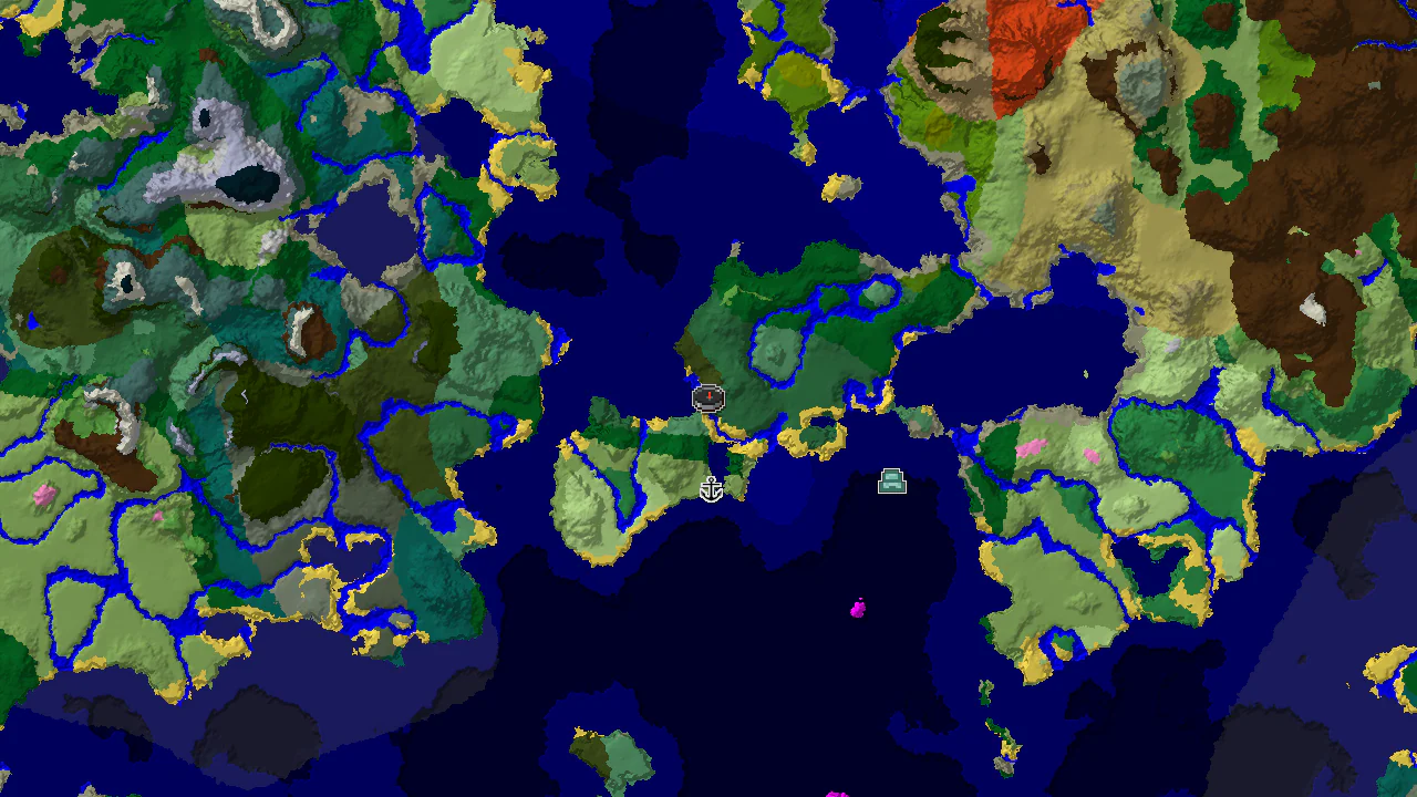 A 2D biome map centered on spawn in a Birch Forest, showing a large island surrounded by ocean, with markers for a shipwreck and an ocean monument.