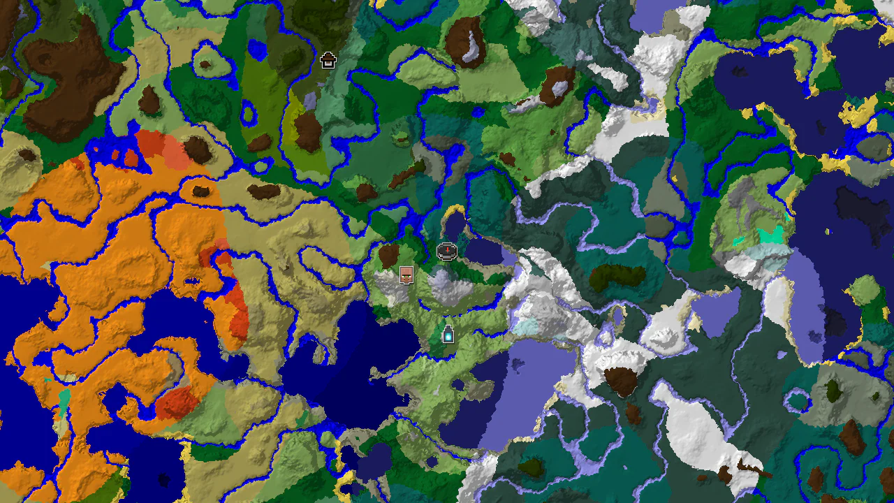 A 2D biome map centered on spawn shows a forest, plains, and snowy taiga surrounding a crater with markers for a village, an ancient city, and a woodland mansion.