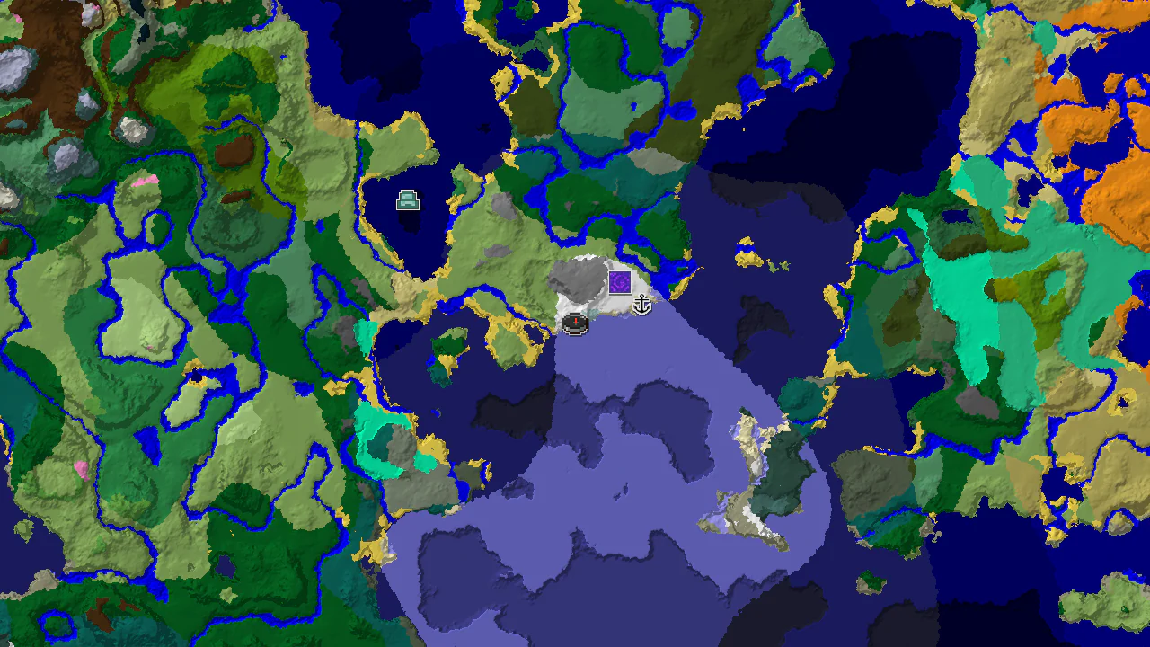 Top-down biome map centred on the spawn marker in Ice Spikes, with markers for the nearby ruined portal and shipwreck and the farther ocean monument and stronghold.