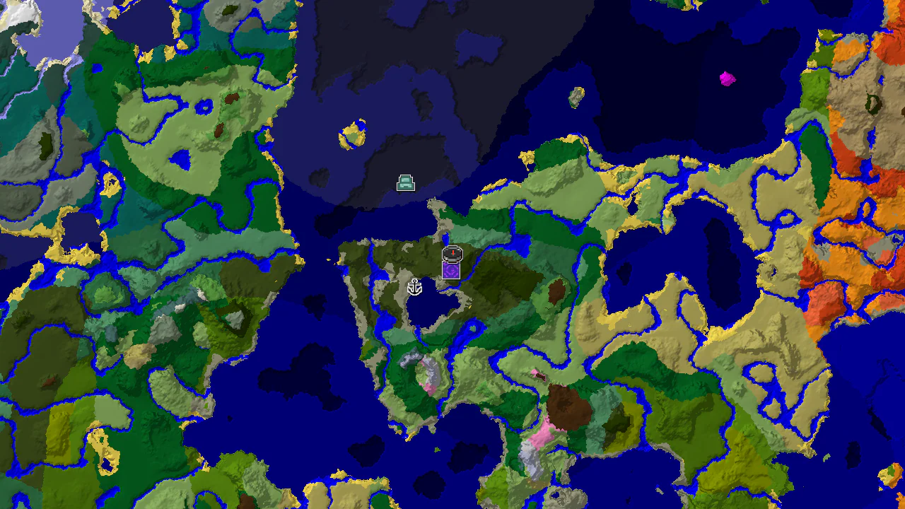 A 2D biome map centered on spawn, showing a dark forest, a pale garden, and markers for a ruined portal, shipwreck, and ocean monument.