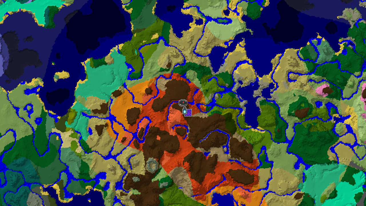 Top-down 2D biome map centred on the spawn marker in Badlands, with markers for the Ancient City to the south and a Ruined Portal to the south-east.