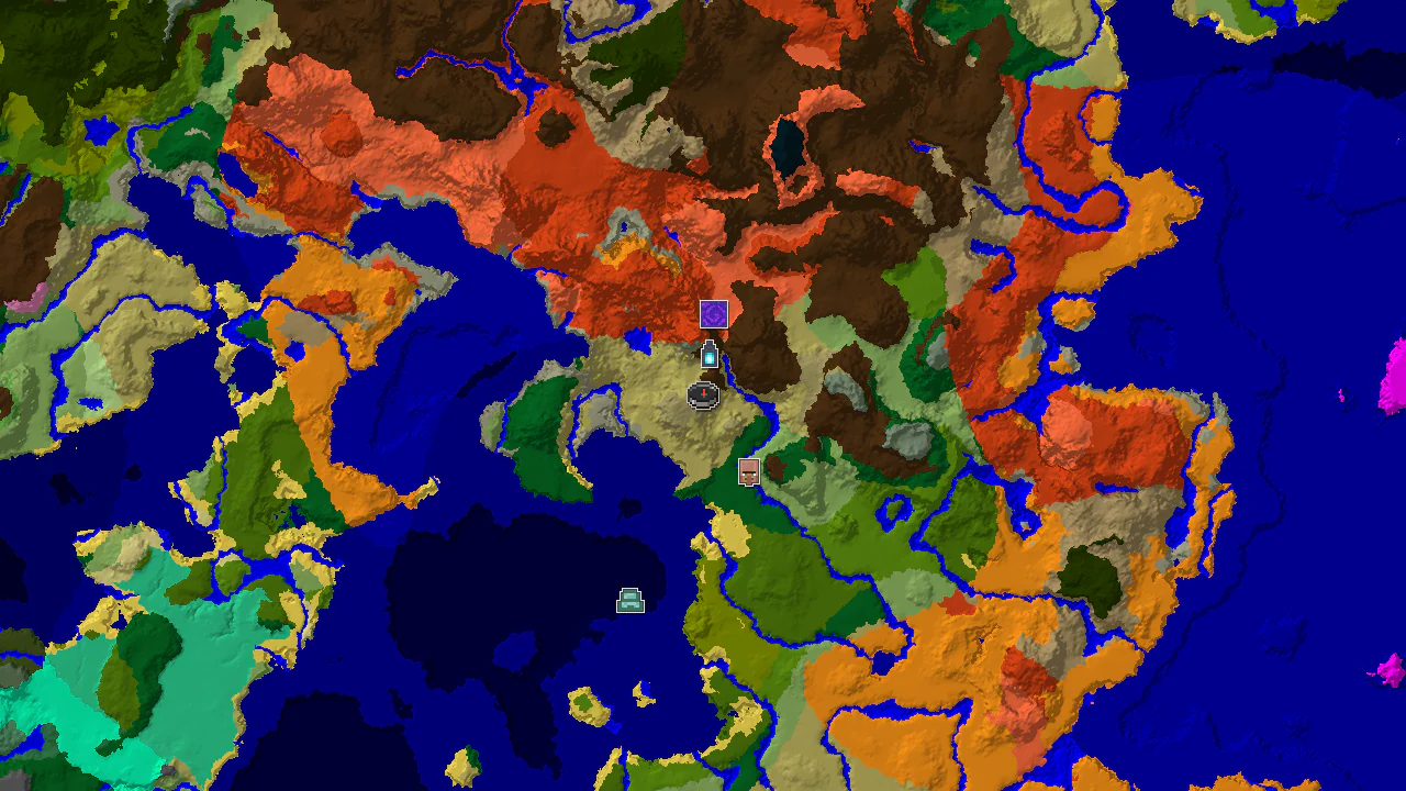 Top-down 2D biome map centred on spawn on a savanna plateau, with markers for the village, ruined portal, ancient city, ocean monument and stronghold.