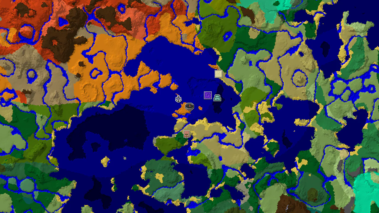 A 2D biome map centered on spawn, showing a desert island surrounded by warm ocean, with markers for a shipwreck, a ruined portal, and a village.
