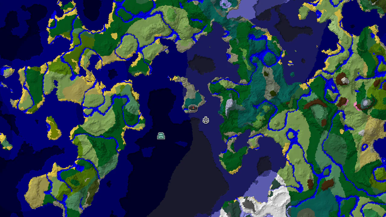 A top-down 2D biome map centered on spawn, showing a Taiga island surrounded by various ocean biomes, with markers for a shipwreck and an ocean monument.
