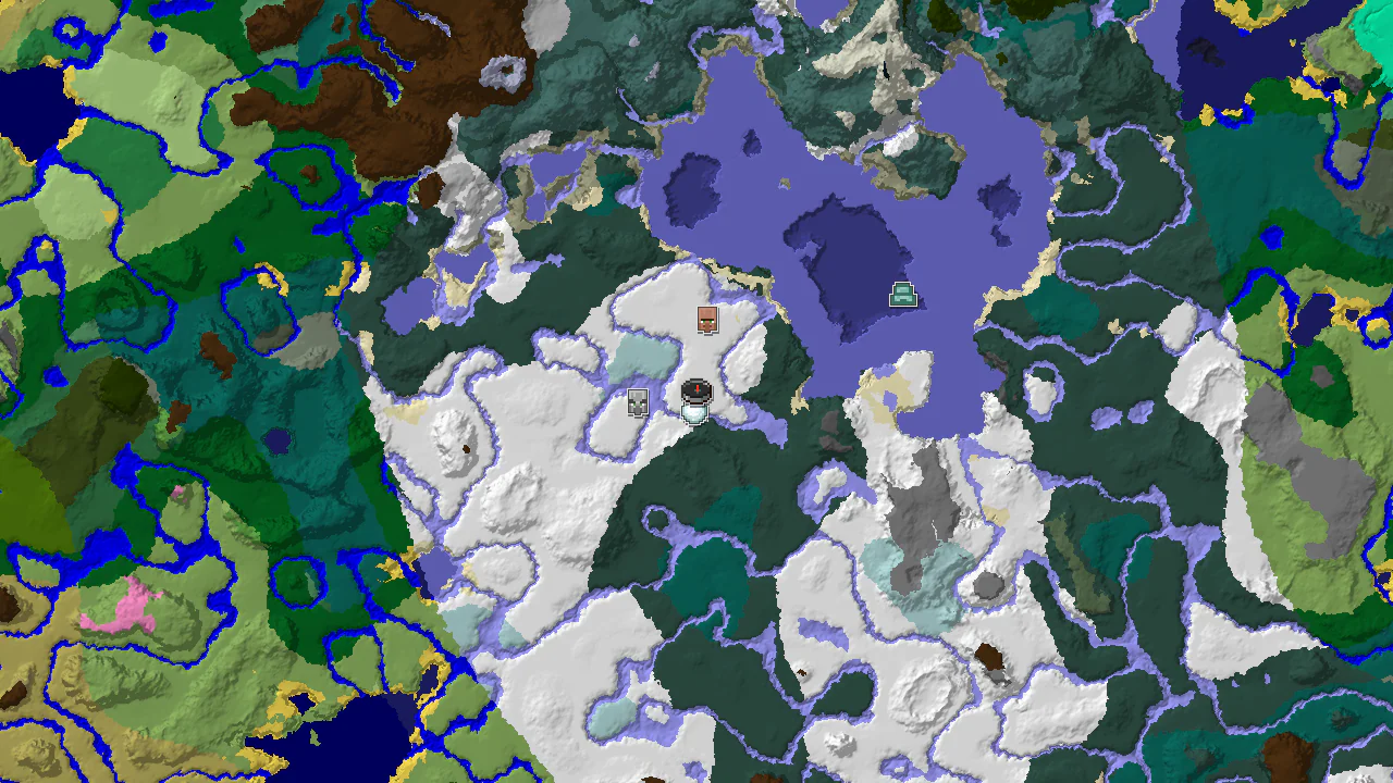 A top-down 2D biome map centered on spawn, showing a large snowy area with an Ice Spikes biome to the south-east, and markers for a village, outpost, and igloo near spawn.