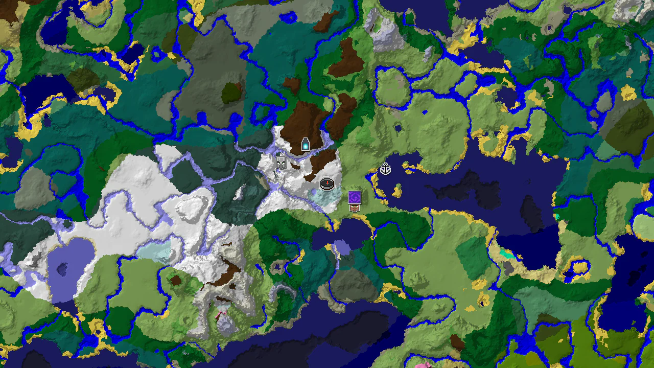 A 2D biome map centered on spawn, showing a large snowy area with patches of ice spikes, surrounded by plains and forests. Markers indicate a village, ruined portal, shipwreck, pillager outpost, ancient city, and igloo.