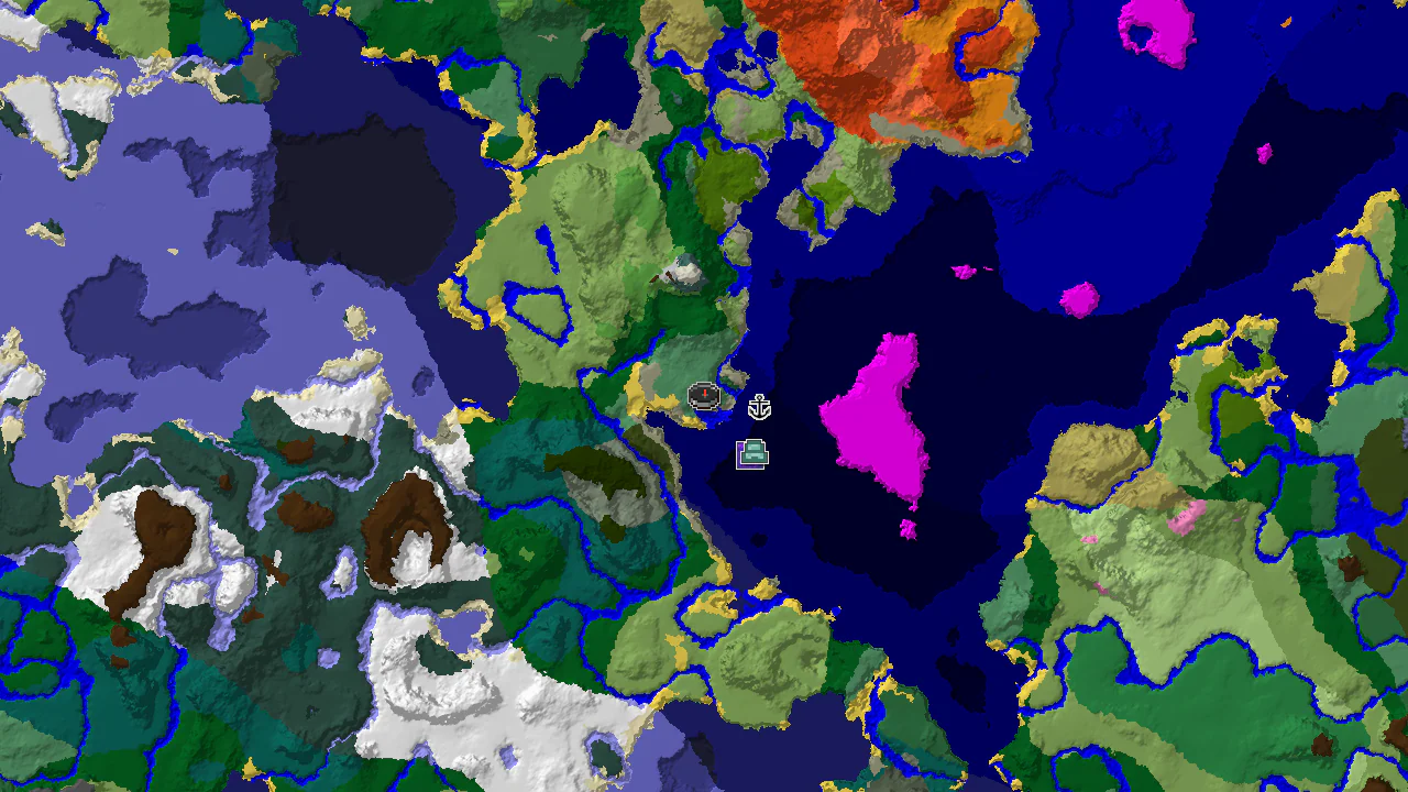 Top-down 2D biome map centred on spawn, with a spawn marker in the birch forest and structure markers for the shipwreck, ocean monument and ruined portal to the east and south-east.
