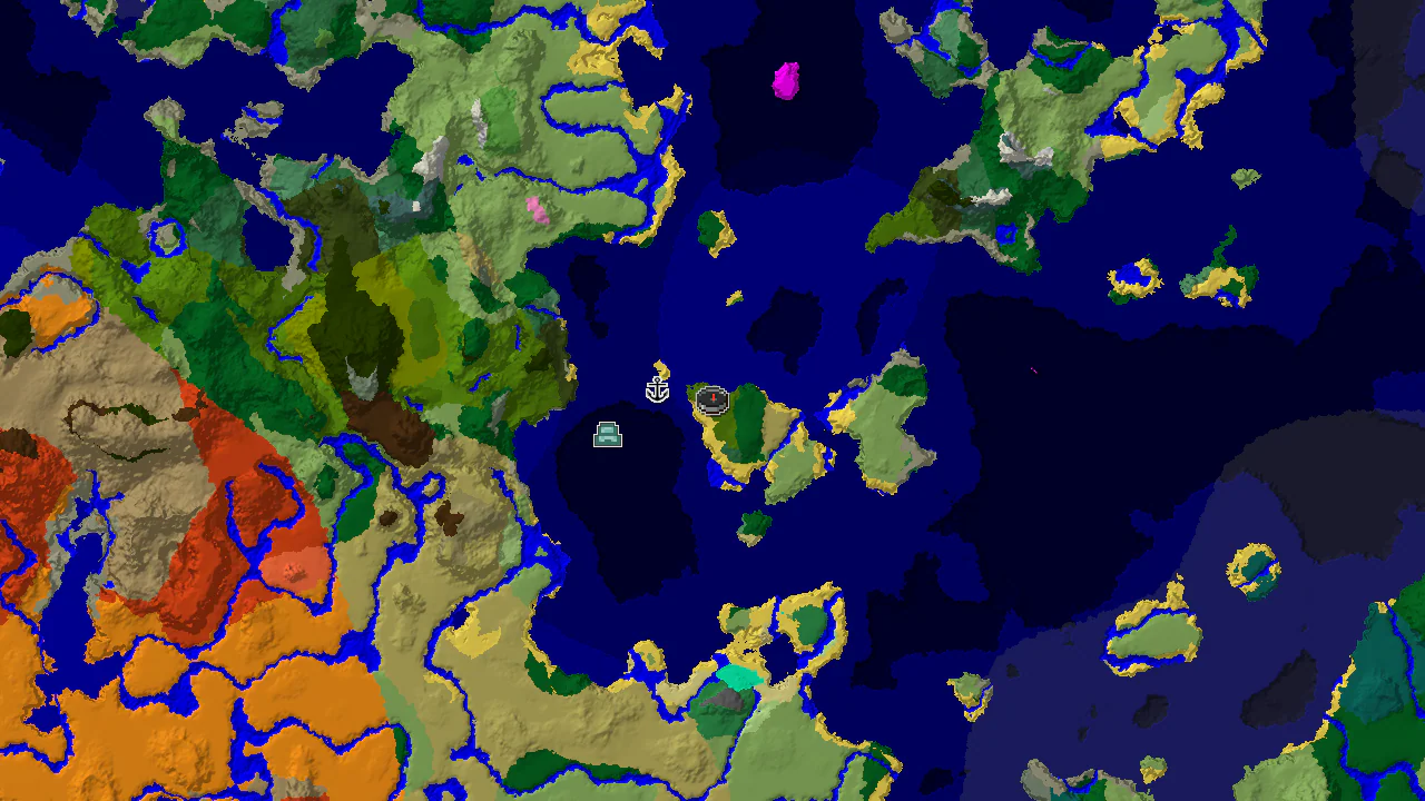 A 2D biome map centered on spawn, showing a jungle island surrounded by various ocean biomes, with markers for a shipwreck and ocean monument.