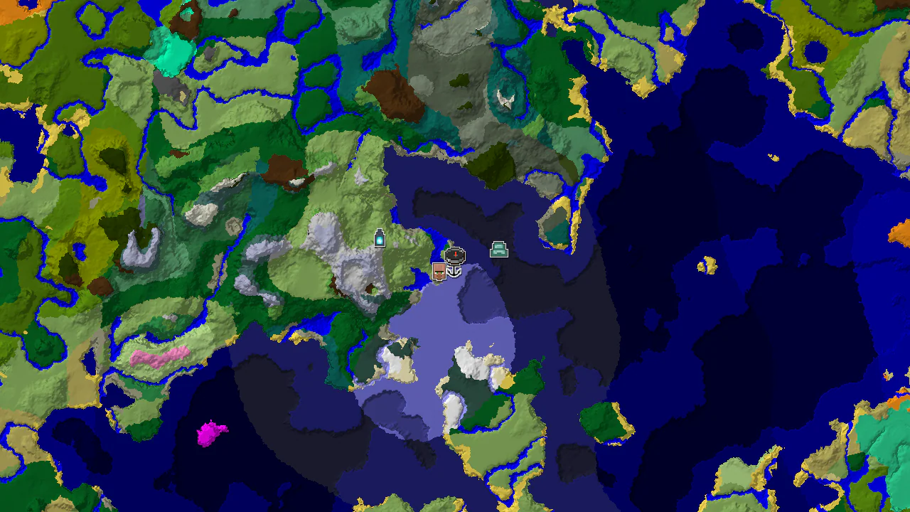 A 2D biome map centered on spawn, showing a small island with markers for a village, shipwreck, ocean monument, and ancient city.
