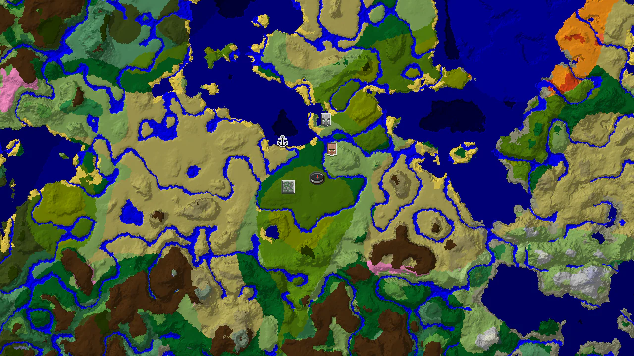 Top-down 2D biome map centred on a jungle spawn, with markers for the nearby jungle temple, village, shipwreck and pillager outpost.