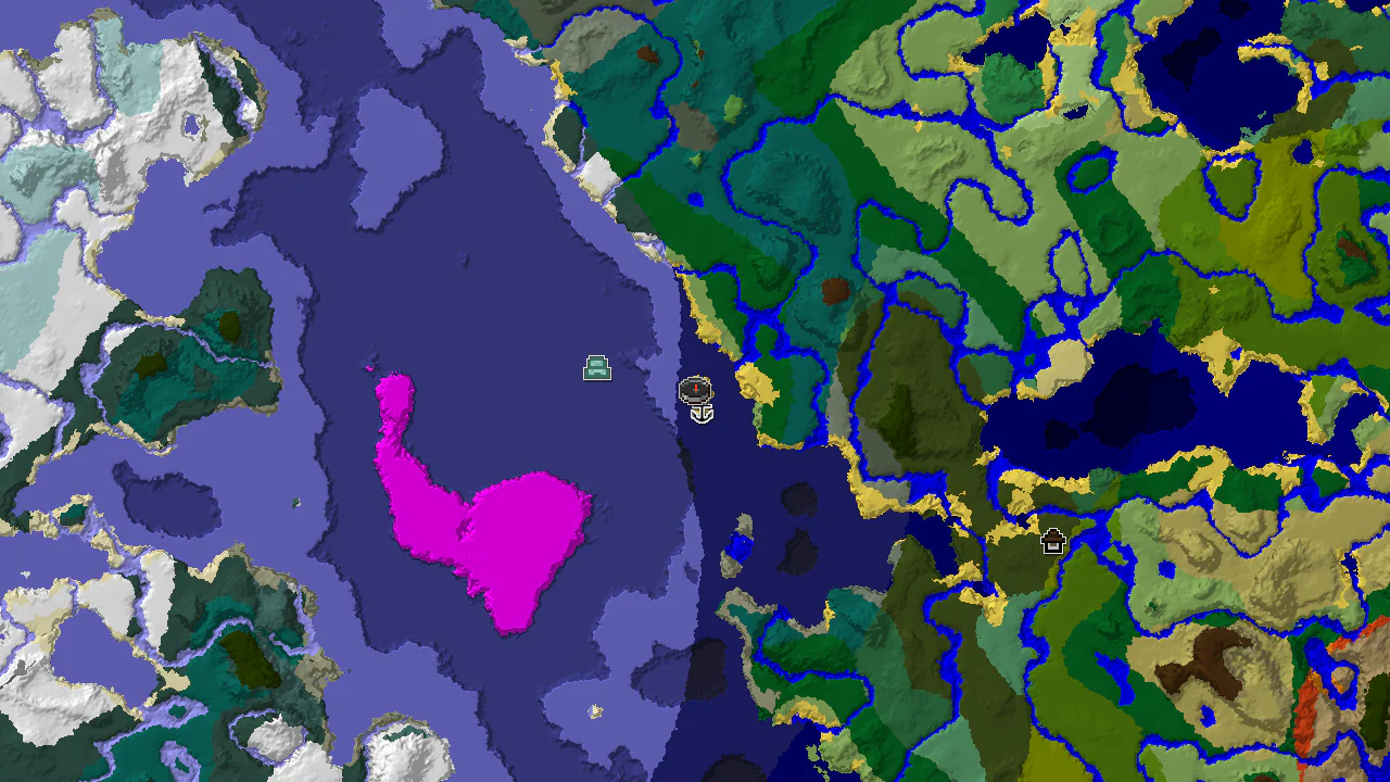 A 2D biome map centered on spawn, showing a small Plains island surrounded by Cold Ocean and Deep Frozen Ocean, with markers for a shipwreck and an ocean monument.