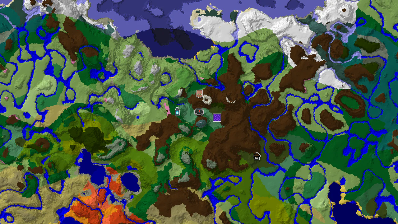 Top-down 2D biome map centred on the spawn marker, with markers for a village to the north, a ruined portal to the east, an Ancient City to the west and a Woodland Mansion to the south-east.