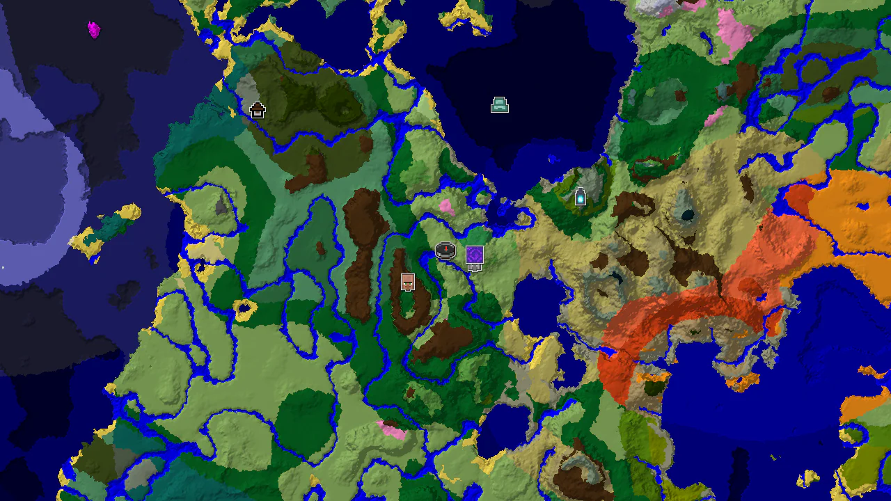 Top-down 2D biome map centred on a Plains spawn, with a spawn marker and markers for the village, ruined portal, pillager outpost and distant monuments.