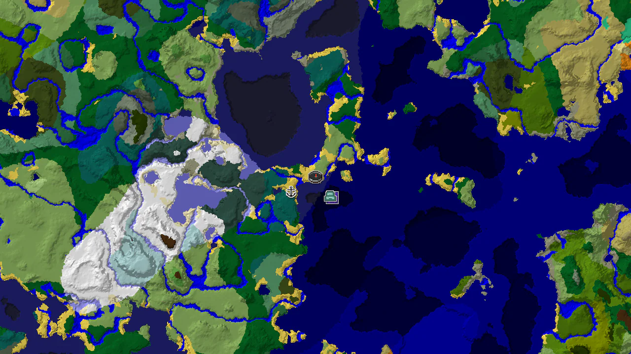 A top-down 2D biome map centered on spawn, showing a large island surrounded by various ocean biomes. Markers indicate a Ruined Portal, a Shipwreck, and an Ocean Monument.