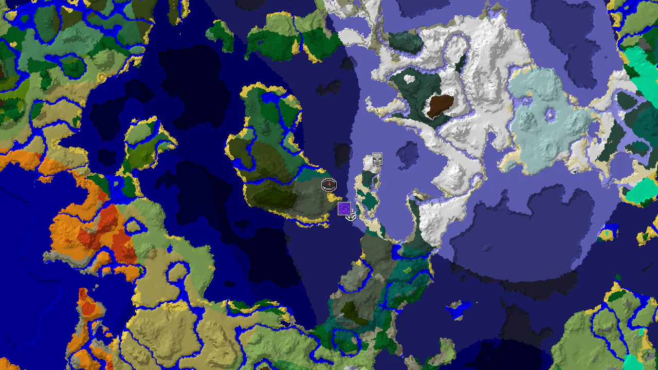 A top-down 2D biome map centered on the spawn point, showing Old Growth Pine Taiga, Cold Ocean, and Frozen Ocean biomes, with markers for a ruined portal, shipwreck, and pillager outpost.