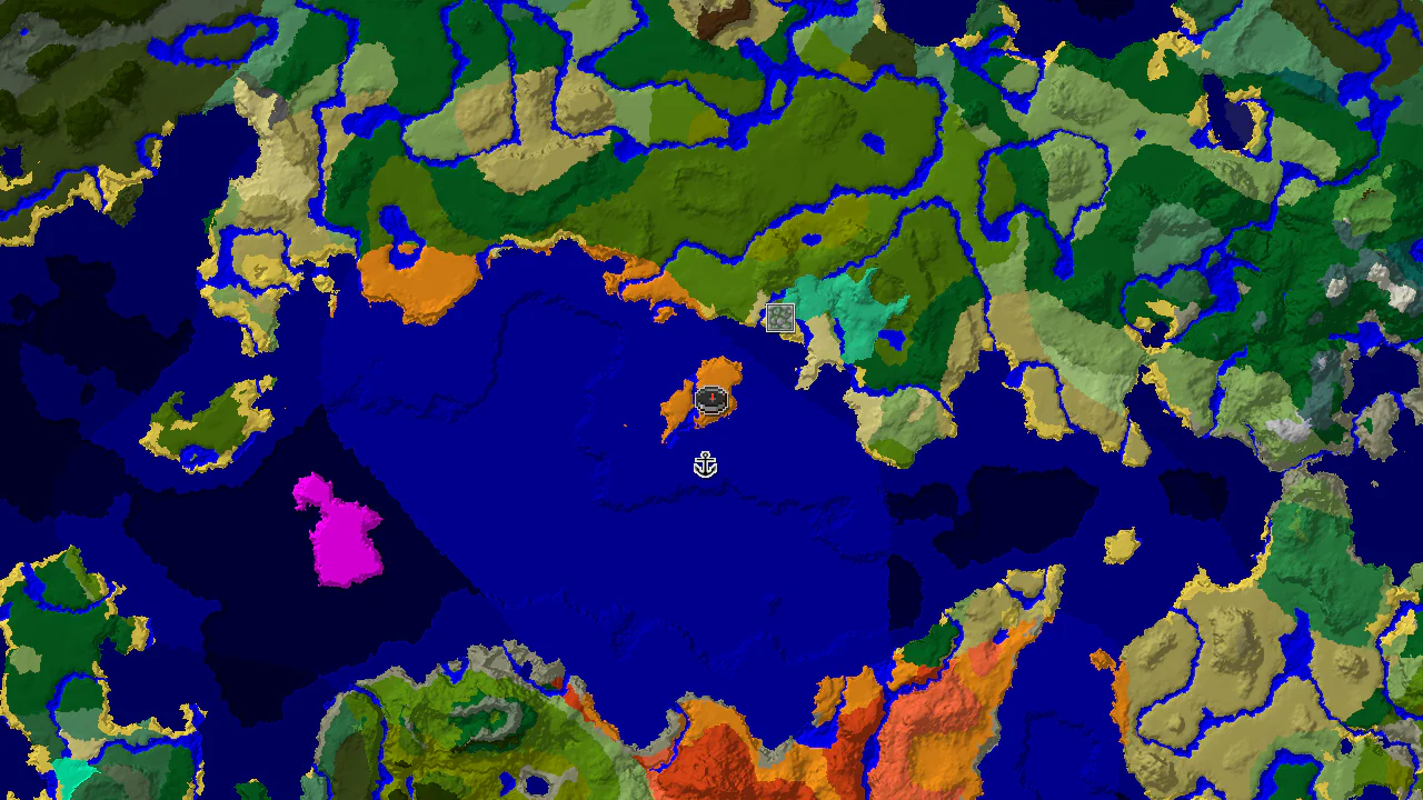 A 2D biome map centered on the spawn point, showing a desert island surrounded by warm ocean. Markers indicate a shipwreck and a jungle temple.