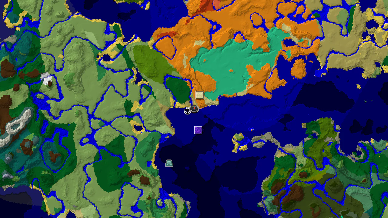 Top-down 2D biome map centred on the spawn marker in savanna, with markers for the village and desert pyramid to the north, a shipwreck to the west and a ruined portal to the south.