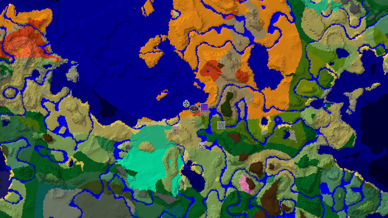 Top-down 2D biome map centred on the spawn marker in desert, with markers for a village, ruined portal, shipwreck, pillager outpost and jungle temple.
