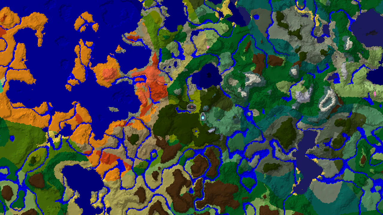 Top-down 2D biome map centred on spawn in a jungle, with a spawn marker and structure markers for an Ancient City to the south-east and a distant Stronghold.