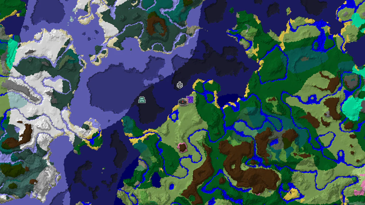 A 2D biome map centered on spawn, showing a large Plains biome with a Coastal Village marker, surrounded by Cold Ocean and Forest biomes.