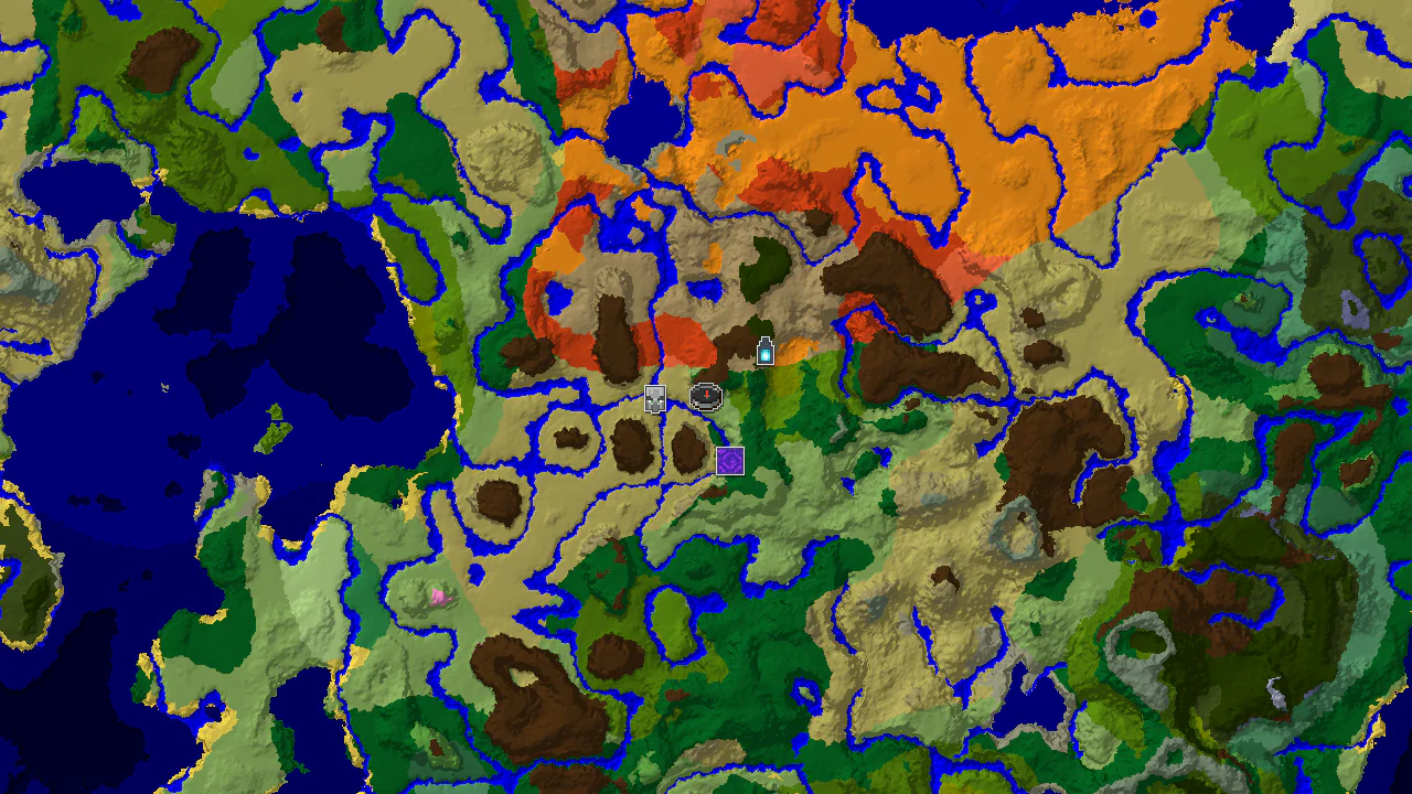 A 2D biome map centered on spawn, showing a diverse landscape including Badlands, Savanna, and Forest biomes, with markers for an Ancient City, Pillager Outpost, and Ruined Portal.
