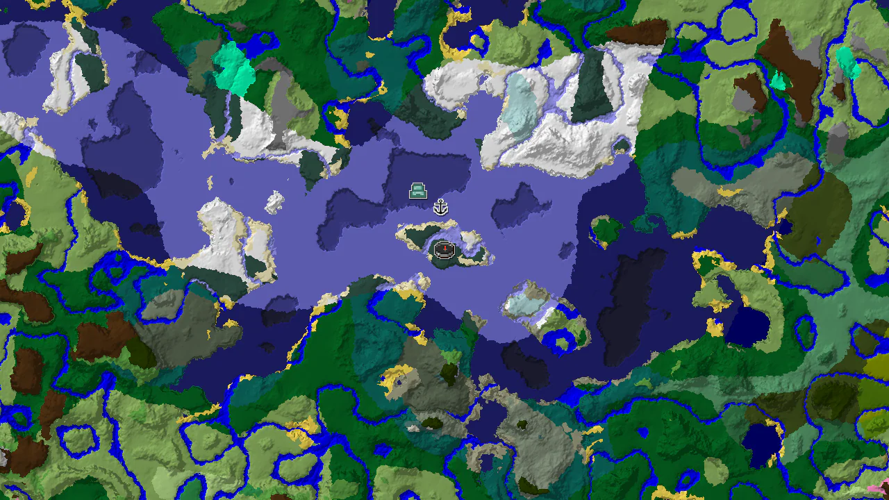 A 2D biome map centered on spawn, showing a snowy island in a vast frozen ocean with markers for a shipwreck and ocean monument.