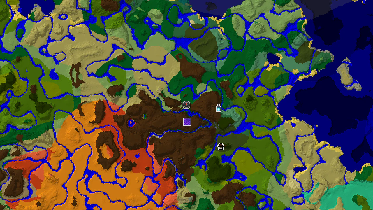 Top-down 2D biome map centred on a spawn marker in a forest valley, with markers for a ruined portal, an Ancient City, a Woodland Mansion and a stronghold.