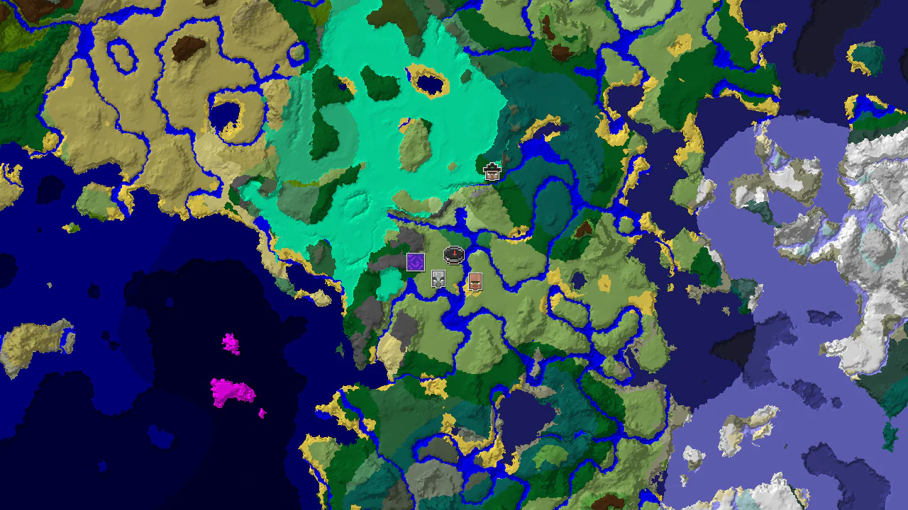 A 2D biome map centered on the spawn point, marked, showing Plains, River, and a nearby Flower Forest, with markers for a village and Pillager Outpost.